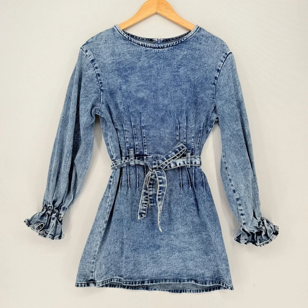 Redial Denim Mini Dress Womens Medium 38 Blue Acid Wash Ruffle Boho Western
